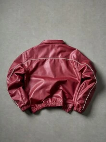 Men's Faux Leather Logo Print Zip-Up Jacket, Streetwear Motorcycle Style Outerwear - Red - View 7