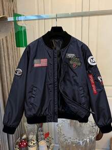 Women's Letter Graphic Baseball Bomber Jacket - Casual Sports Outerwear, Zip Closure, Regular Fit For Spring/Autumn, Fashionable Embroidered Design, Smooth Texture - Ideal Gift For Mother And Girlfriend, Perfect Christmas Present - Navy Blue - View 2