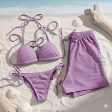 3-Piece Ribbed Beachwear Set: Complete Bikini (Top/Bottom) + Loose Shorts | Beach Cover-Up - Lilac - View 2