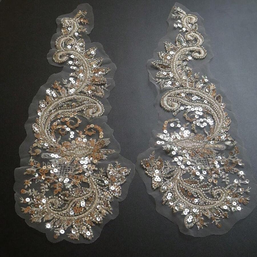 2pc/Pair Sequin Silver Flower Embroidery Lace Appliques For Wedding Dresses Rhinestone Applique Patches Embroidery Lace Parches Ropa… - Bạc - Xem 1