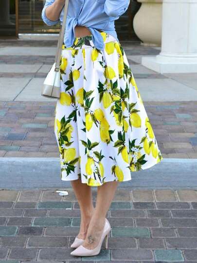 Summer New Fruit Print Fashionable Casual Vacation Style Versatile Skirt For Outing, Casual, Home, Travel, Work, Wedding, Party, Beach