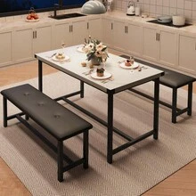 Juego de Comedor de 3 Piezas para 4 Personas, Mesa de Cocina de 112 cm con 2 Bancos, Conjunto Industrial de Mesa Rectangular para Comedor - Blanco - Ver 2