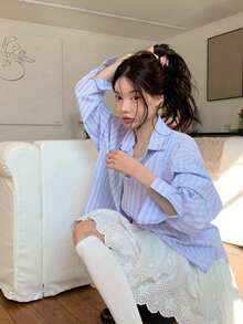 休闲甜美韩式蓝色条纹纽扣衬衫 - 藍色 - 查看 5