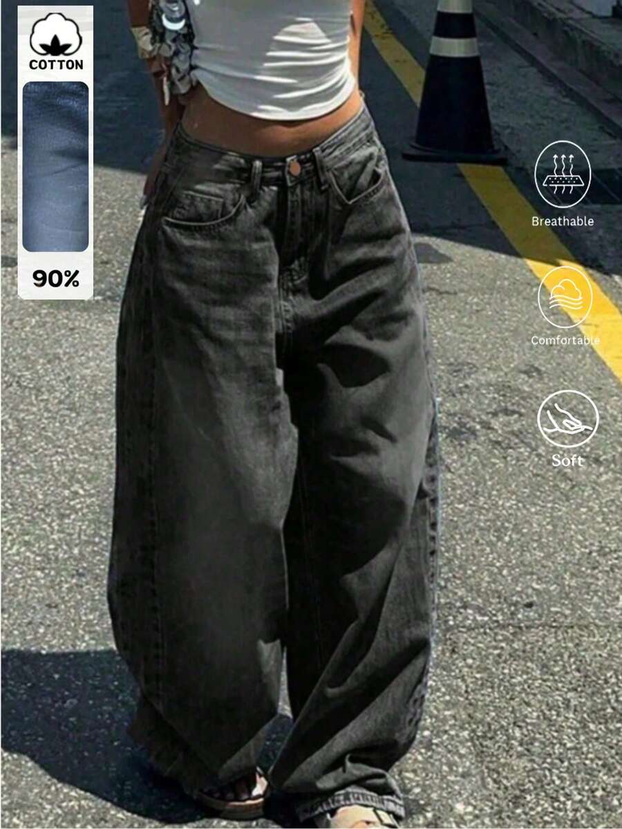 Women's Plus Size Denim Jeans (Couple Style - Plus Size Ultra Loose Fit), Spring Fashion Jeans (Plus Size Wide Leg Pants), Ultra Loose Fit, High Waist, Full Length, Casual Outdoor Pants, Multi-Functional Daily Wear, Suitable For Family Leisure, Slim Fit For Teenagers To Adults, Minimalist Design, Durable Jeans - 深灰色*旗艦款 - 查看 1