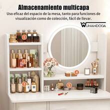 Tocador para dormitorio, estilo minimalista moderno, con espejo, 2 cajones, 3 armarios de almacenaje y estantes, adecuado para dormitorio, salón y vestidor - Blanco - Ver 7