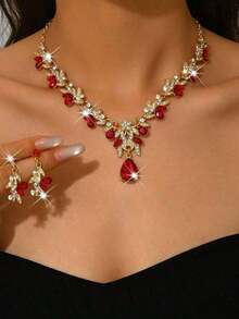 Luxury Wedding Party Women's Dress Rhinestone Decor Jewelry Fashion Shiny Necklace And Earring Set, Ball Gown Jewelry Accessory Set - Đỏ - Xem 4