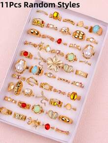 Set de 11 anillos delicados y lindos con rhinestones rosas, regalo de cumpleaños para niñas y niños, accesorios de joyería para uso diario - 11 grandes ojos de gato rosa dorado rosa... - Ver 9