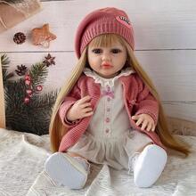 Lifelike Reborn Baby Doll, Full Vinyl Body, Princess Styling With Long Hair, Pink Sweater Dress With Beret Hat, Can Bathe And Play, Pretend Play, Birthday Gift (Includes Bottle, Pacifier, Diaper, Birth Certificate) - Pink - View 3