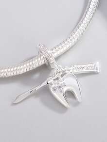 1pc Fashionable Interesting Creative Heart, Lock, Footprint, Milk Bottle, Globe, Compass, Toothbrush, Toothpaste Bead Pendant Versatile DIY Bracelet Necklace Small Gift - Silver - View 5