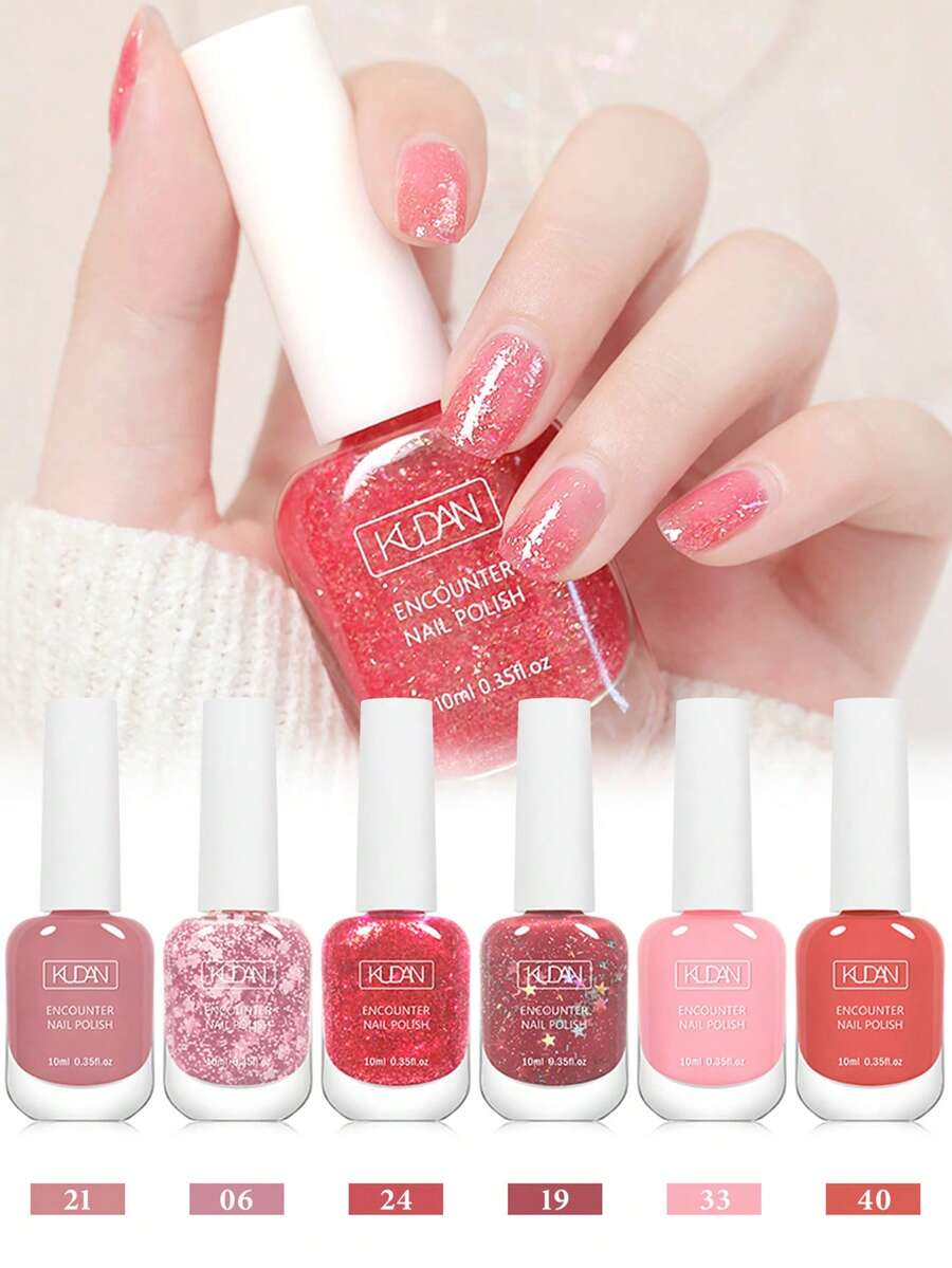 6瓶/套 10毫升 闪粉粉色指甲油 水性指甲油 无异味 速干指甲油，无需烘烤，四季皆宜，沙龙级DIY居家美甲