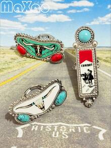 高品质女士复古波西米亚风西部印花合金弹力戒指，喷涂工艺，适合多种风格，日常佩戴或派对皆宜，2026新款上市，自用或送礼皆宜，佩戴后定能收获赞美，立即添加到您的珠宝收藏中吧！如果您满意，请给予五星好评并分享您的美照。 - 彩色 - 查看 4