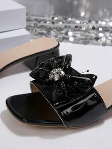 French Square Toe Rhinestone Bow Chunky Heel Strap Summer New Versatile Slim High Heel Sandals - Black - View 5