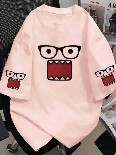 Women's Casual Cute Korean Style Glasses Pattern T-Shirt - Adorable Glasses Print, Pink Short Sleeve Crew Neck Summer Top, Suitable For Girls, Casual & Comfortable, Fashionable & Versatile, Comfortable For Daily Wear, Cute Casual Style Pink Clothing (Easy Care, Parents Love), Lively Children's Wear, Bright Graphic Tee