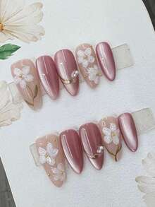 10 piezas de uñas postizas reutilizables en forma de almendra con flores de camelia 3D pintadas a mano en color rosa, perlas falsas y ojo de gato de acrílico, adecuadas para mujeres y niñas como regalo, con caja de almacenamiento - Rosa Pálido - Ver 2