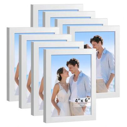 Un juego de 8 marcos de fotos decorativos (6 pulgadas 4 * 6), adecuados para exhibir en la pared y sobre la mesa, hechos de materiales duraderos como plexiglás y madera, se pueden exhibir vertical u horizontalmente, adecuados para fotos, carteles e impresiones artísticas