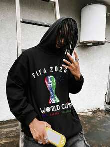 World Cup 2026  Print Hoodie, Men's Casual Long-Sleeve , Autumn & Winter New-Unisex Loose-Fit Hooded Sweatshirt, Men's Holiday Sweatshirt, Spring Outfit, Tunic Top, Black Top, Autumn Outfits, Sport Wear, Big And Tall Sweatshirt - 黑色 - 查看 1