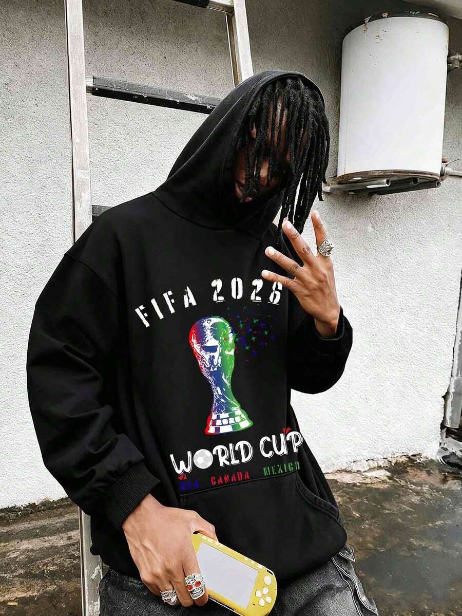 World Cup 2026  Print Hoodie, Men's Casual Long-Sleeve , Autumn & Winter New-Unisex Loose-Fit Hooded Sweatshirt, Men's Holiday Sweatshirt, Spring Outfit, Tunic Top, Black Top, Autumn Outfits, Sport Wear, Big And Tall Sweatshirt - 黑色 - 查看 1