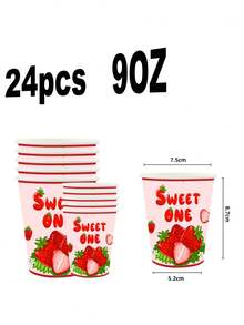 96 piezas "Sweet No.1" Juego de suministros para fiesta con tema de fresa - Platos, vasos y servilletas desechables de papel con estampado de fresa roja | Adecuado para celebración de 1er cumpleaños, fiesta temática dulce para niñas y fiesta con estilo de frutas | Decoraciones impresas "Sweet No.1" aplicables para recuerdos de fiesta infantil, decoraciones de fiesta en el hogar y artículos esenciales para ocasiones especiales - Multicolor - Ver 4