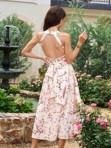 PARTHEA Women Boho Floral Print Square Neck Cami Midi Dress Sleeveless Flared Ruffle Hem Backless Tie Knot Casual Style - Apricot - View 8