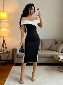 Women's Fashionable Elegant Contrast Color Fitted Midi Dress, Short Sleeve Pencil Dress Design, Suitable For Party Wear Summer - Multicolor - View 3