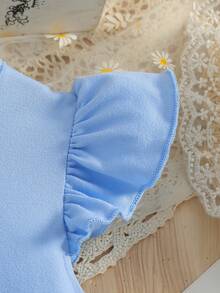 Girls' Round Neck Cap Sleeve Mesh Asymmetric Hem Dress With Belt, Suitable For Outings, Family Gatherings, Parties, And Daily Wear, Spring/Summer - Blue - View 5