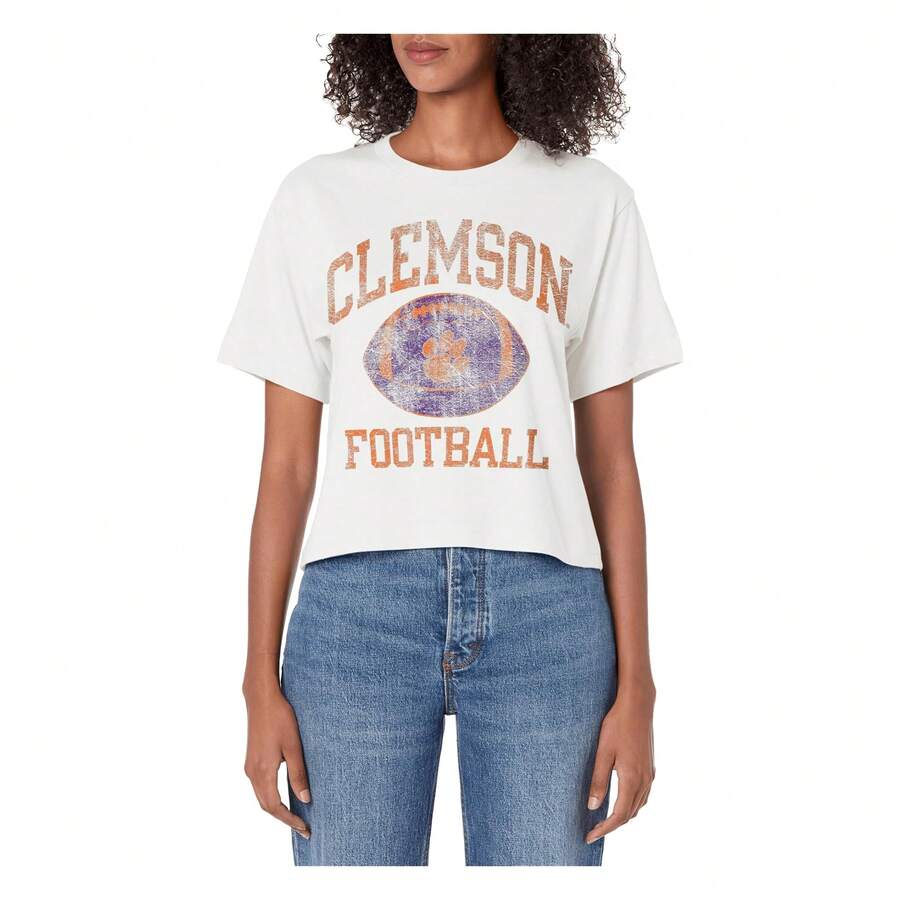 Clemson Tigers Football Intensity White Officially Licensed Women's Crop Top Short Sleeve, Round Neck, Casual & Comfortable Fit, Machine Washable, Perfect For Spring/Summer Outfits, Festive Clothing | Round Neckline | Machine Washable Fabric Skin-Friendly, Silky Smooth, And Fashionable. - trắng - Xem 1