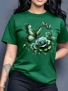 Spring Tops Fashion Letter Print Women's Round Neck Pure Cotton T-Shirt Simple Design, Comfortable And Breathable, Suitable For Daily Casual Wear, Versatile, Shows Natural And Elegant Style, Summer Party Essential, Local Delivery Loose And Comfortable Summer - màu xanh lá - Xem 12