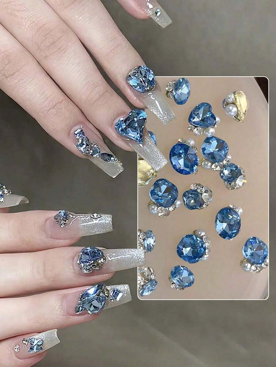 10/30pcs Cobalt Blue Cascading Crystals - Asymmetric Heart Pendant, Sparkling Like Diamonds, Luxurious 3D Cluster Decoration, Suitable For Nail Art, Adhesive, Nail Gemstones - 藍色 - 查看 1