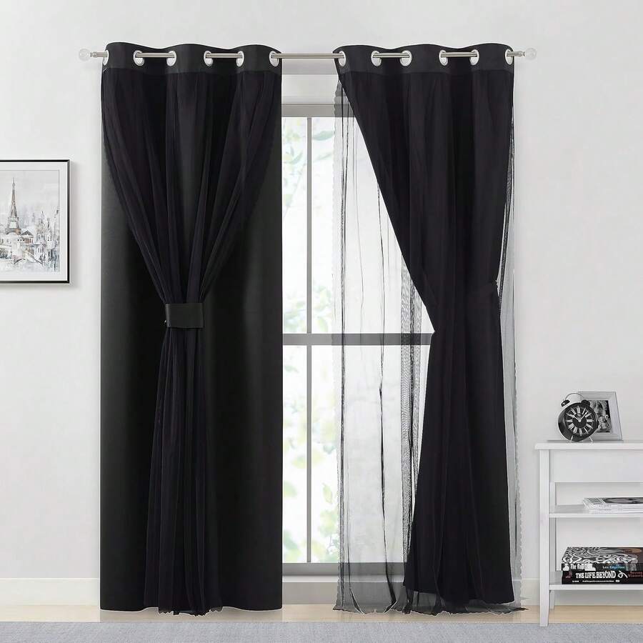 Beige 80% Blackout Curtains With Sheer Overlay, Double Layer Thermal Insulated Window Panels, 63 Inch, Living Room And Bedroom, Beige Drapes With Tiebacks, Grommet Top, 37 X 63 L X 2, Modern Home Decor - 黑色 - 查看 1