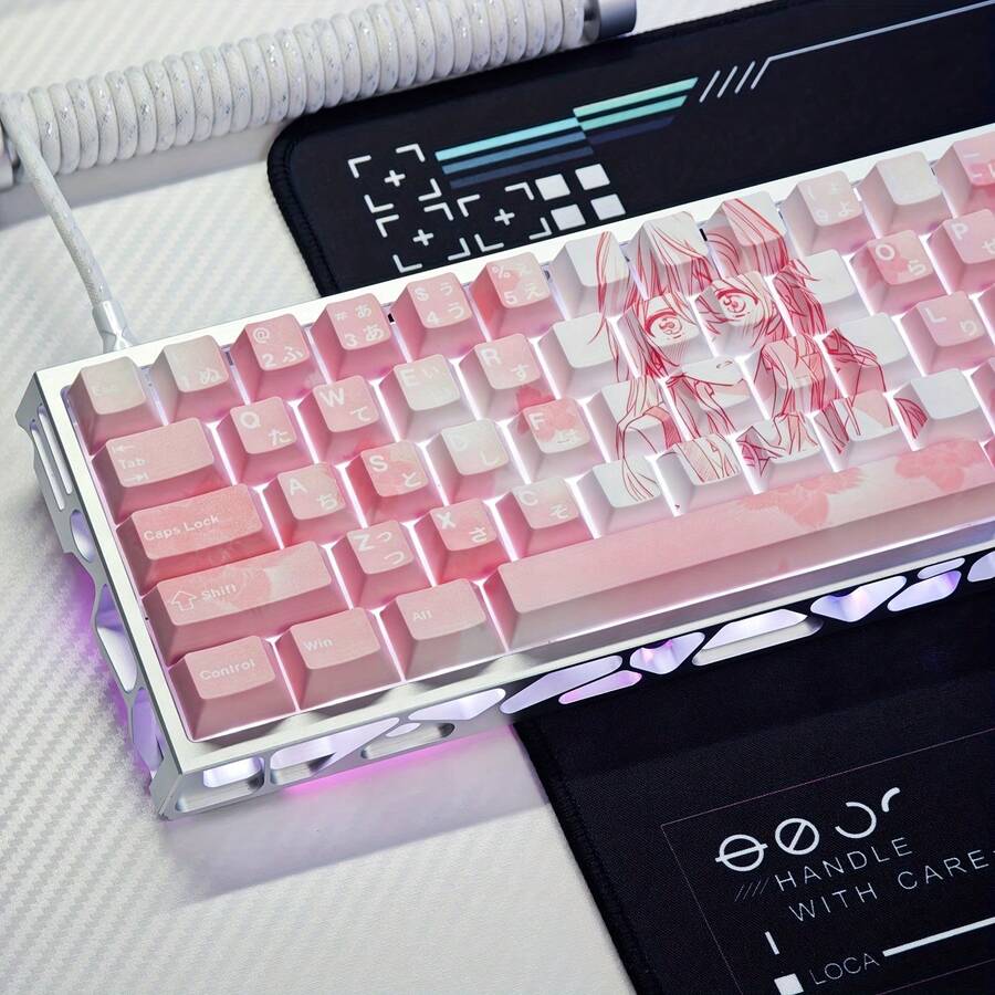 Miyazono Kaoru Keycap, High-Quality Pink Keycap, Anime Keycap, PBT Material, Dye-Sublimated, 73 Keys Compatible With 60/65/68 Keyboards - Only Keycaps - View 1