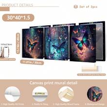 Set de 3 piezas de arte de pared de lienzo con mariposas, diseño de mariposas de bosque soñador, decoración de pared, patrón de mariposas, decoración moderna para el hogar, adecuado para decoración del hogar, decoración de habitación, decoración de dormitorio, decoración de sala de estar, decoración de baño, decoración de pared, arte de pared opcional con marco. - Multicolor - Ver 16