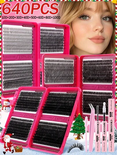 CMAYOME סט 640 יחידות ריסים מלאכותיים D-Curl בנפח, ריסים מקבצי נפח, 10D+20D+30D+40D/30D+40D+50D+60D/50D+60D+80D+100D, שילובים שונים, ריסים מקבצי 10-16 מ"מ, טבעיים ורכים. הסט כולל דבק ריסים, דבק, ג'ל קיבוע, פינצטה ומברשת ריסים, מתאים לריסים דקים