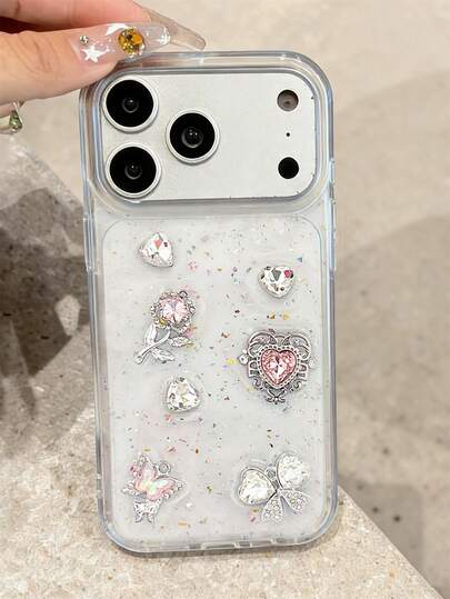 1PC Dream Cute 3D Shiny Rhinestones Butterfly Flower Bow Epoxy Sequins Phone Case Compatible With IPhone 17 Pro Max 17 Pro 17 16 Pro Max 16 Pro 16 15 Pro Max 15 Pro 14 Pro Max Y2K Artistic Glitter Clear Girl Gift Protective Back Cover