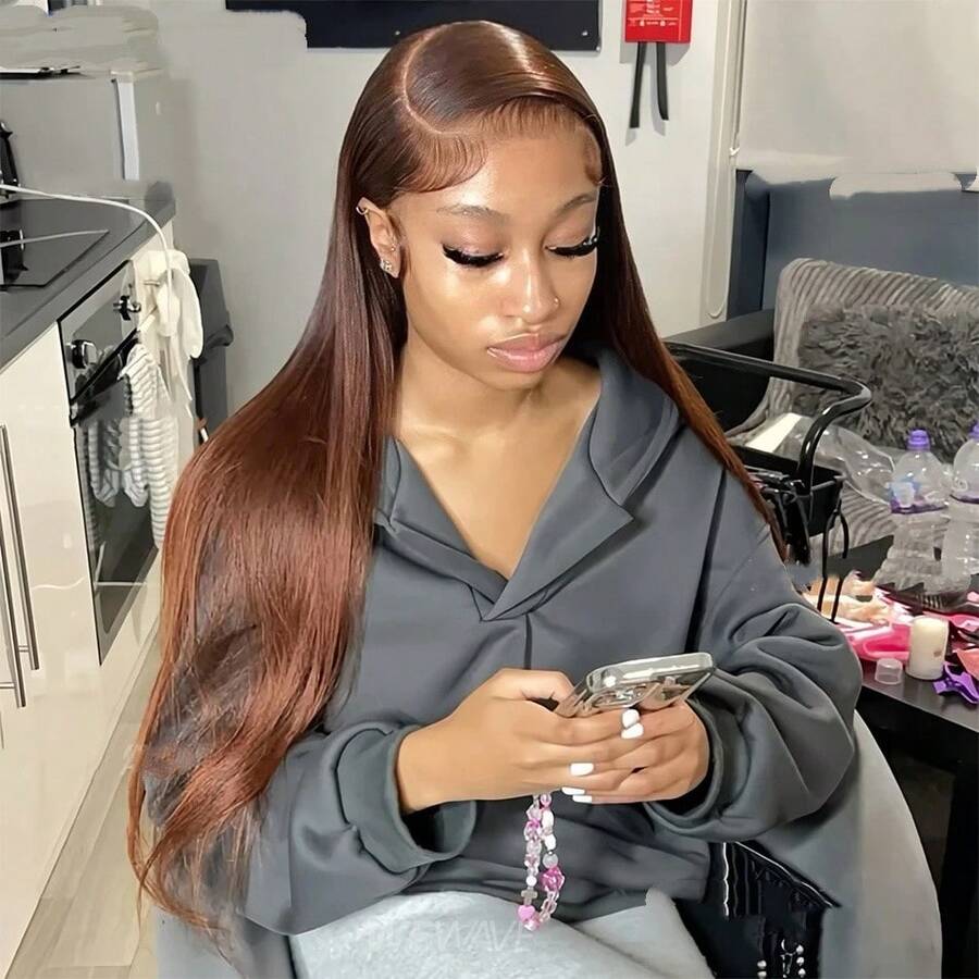 200% Chocolate Brown Bone Straight Human Hair Wigs For Women 13X4 Hd Transparent Lace Frontal Wigs Pre Plucked With Baby Hair #4 Colored Lace Front Wig 30 32 Inches - S4 - 查看 1