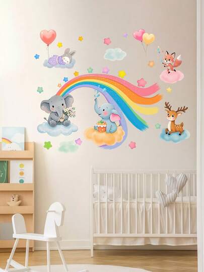 Cute Rainbow Animal Pattern Self-Adhesive Wall Stickers, PVC, Home Spring Decor, Adding Colorful Elements To Baby's Room, Refreshing And Fashionable