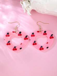 Tsnamer Brincos Pingente de Argila Polimérica em Formato de Coração com Estampa de Cereja, Joias do Dia dos Namorados, Estilo Retrô Fofo Lolita, Brincos de Pressão