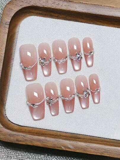 10片手工棺材形亚克力美甲贴片，短款，柔和粉色，闪亮猫眼法式美甲，镶嵌小水钻，不规则线条，简约前卫优雅，适合春季、夏季等各种场合，包括派对、日常、约会、海滩、热带度假等，DIY美甲，适合女性和女孩作为礼物，手工美甲贴片。