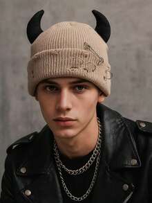 1pc Cute Little Devil Horn Knit Beanie Hat, Hip Hop Style, Autumn Winter Party Hat - Multicolor - View 4