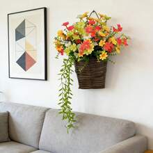 Artificial Flower Basket Realistic Faux Daisy Front Door Wreath Fake Hanging Floral Decorations For Farmhouse Home Holiday - 彩色 - 查看 3