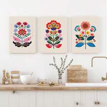 Bộ 3 tranh canvas nghệ thuật dân gian hoa lá Bắc Âu, tranh in trang trí hoa lá hiện đại kiểu Bắc Âu, thích hợp cho phòng ngủ, phòng khách và ký túc xá, trang trí nhà cửa, màu sắc tươi sáng, quà tặng hoàn hảo, tranh treo tường phòng ngủ, trang trí nhà kiểu Bắc Âu, trang trí tối giản. - Nhiều màu - Xem 2