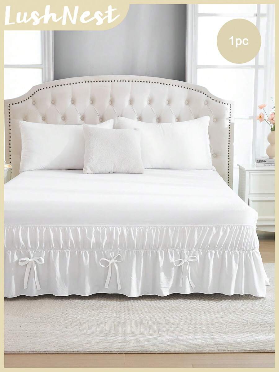 波西米亚风农舍床裙，饰有领结 - 整体白色，搭配白色领结，柔软透气，可机洗，卧室装饰，波西米亚风格装饰，农舍风格，领结床裙