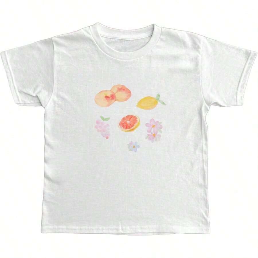Women Y2k Cute-Shirt Short Sleeve Top Aesthetic Vintage Summer Streetwear, Women Graphic-Shirt, Fashion 2025,Gifts, Women's Clothing, Cartoon And Letter Printing, Comfortable Cotton Material, Skin Friendly, Soft And Cool, Summer Women's-Shirt ClothingSports Short Sleeves - 白色 - 查看 1
