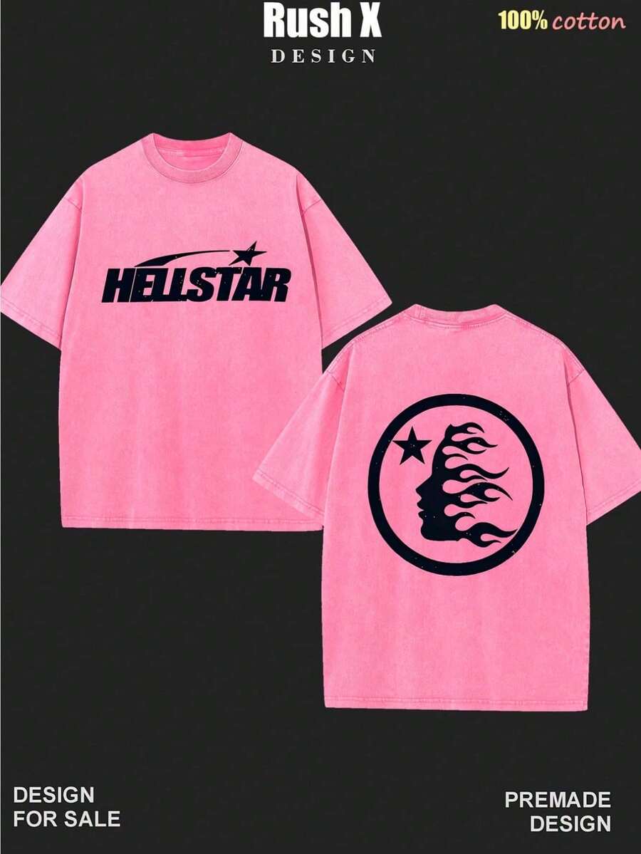 Yuega Tshrit 1pcMen's Pattern Washed T-Shirt - Double Sided Printing, 100% Cotton, Short Sleeved, Summer Casual T-Shirt, Black With White Star Design, Loose Fit, Machine Washable, Daily T-Shirt| Loose Fit Shirt| 100% Cotton T-Shirt, Cotton T-ShirtSummer Clothing Tops - Hot Pink - View 1