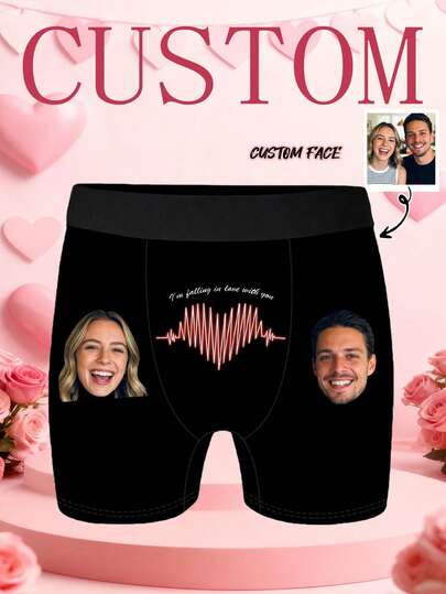 Men's Customized Double-Sided Print "I Love You" Text + Heart Electrocardiogram Pattern Black Soft Stretchy Fabric Comfortable Fitted Romantic Boxer Briefs, Suitable For Valentine's Day/Anniversary Gift