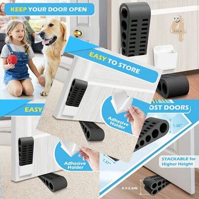 Rubber Door Stoppers For Bottom Of Door - 4 Pack Door Stop Wedge With Holder Heavy Duty Doorstop For Home Office Dorm Classroom Garage Stackable On Multi Floor Carpet Concrete Tile Linoleum And Wood