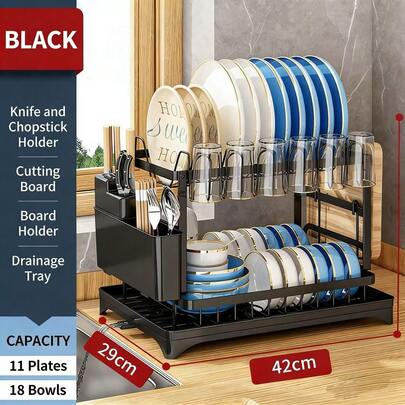 Black Countertop Dish Drying Rack Japanese Style, 2-Tier Storage Shelf For Kitchen Plates Bowls Chopsticks Knife Holders