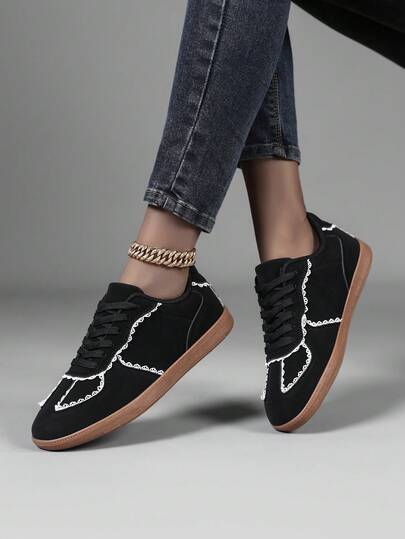Women's Casual Sneakers, Low-Top Round Toe Lace-Up Solid Color Lace Trim Fashion Personalized Sexy Lady Gump Shoes, Outdoor Stylish Versatile Comfortable Lady Training Shoes