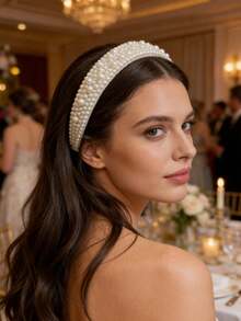 1pc High-End Heavily Beaded Wide-Banded Headband, Minimalist Crown-Like Design, Suitable For Weddings, Parties, Romantic French Style, Valentine's Day Hair Accessory ,Hair Band ,Diadema ,Hair Hoop - Multicolor - View 2