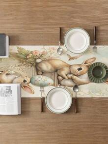 1pc Easter Home Decor, Rabbit, Easter Bunny, Easter Eggs, Happy Easter, Easter Decoration Set, Living Room Decor Set, Bedroom Decor Set, Dining Room Decor Set, Faux Linen Material, Multiple Sizes Available, Dining Table Decor, Fireplace Scarf, Placemats, Coasters, Home Accents - Multicolor - View 2