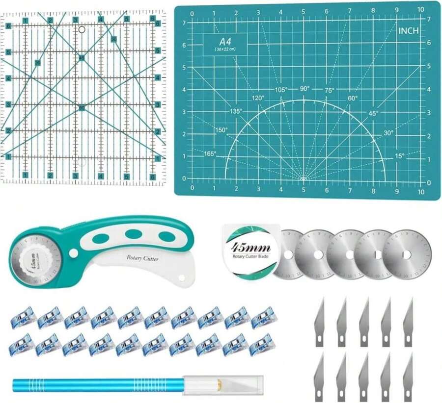 39 Pcs Rotary Cutter Set- Quilting Kit Incl. 45mm Fabric Cutter With 5 Extra Blades, A4 Cutting Mat, 2 Craft Knife Set, Ideal For Crafting, Sewing, Patchworking Turquoise - MàuE - Xem 1